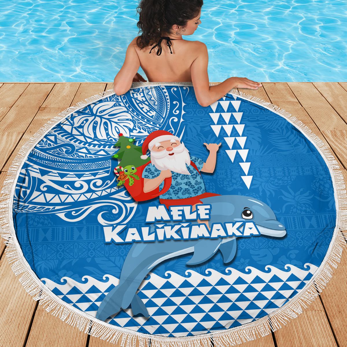 Hawaii Mele Kalikimaka Beach Blanket Santa Riding The DolPhin Mix Kakau Pattern Blue Style LT03 - Polynesian Pride