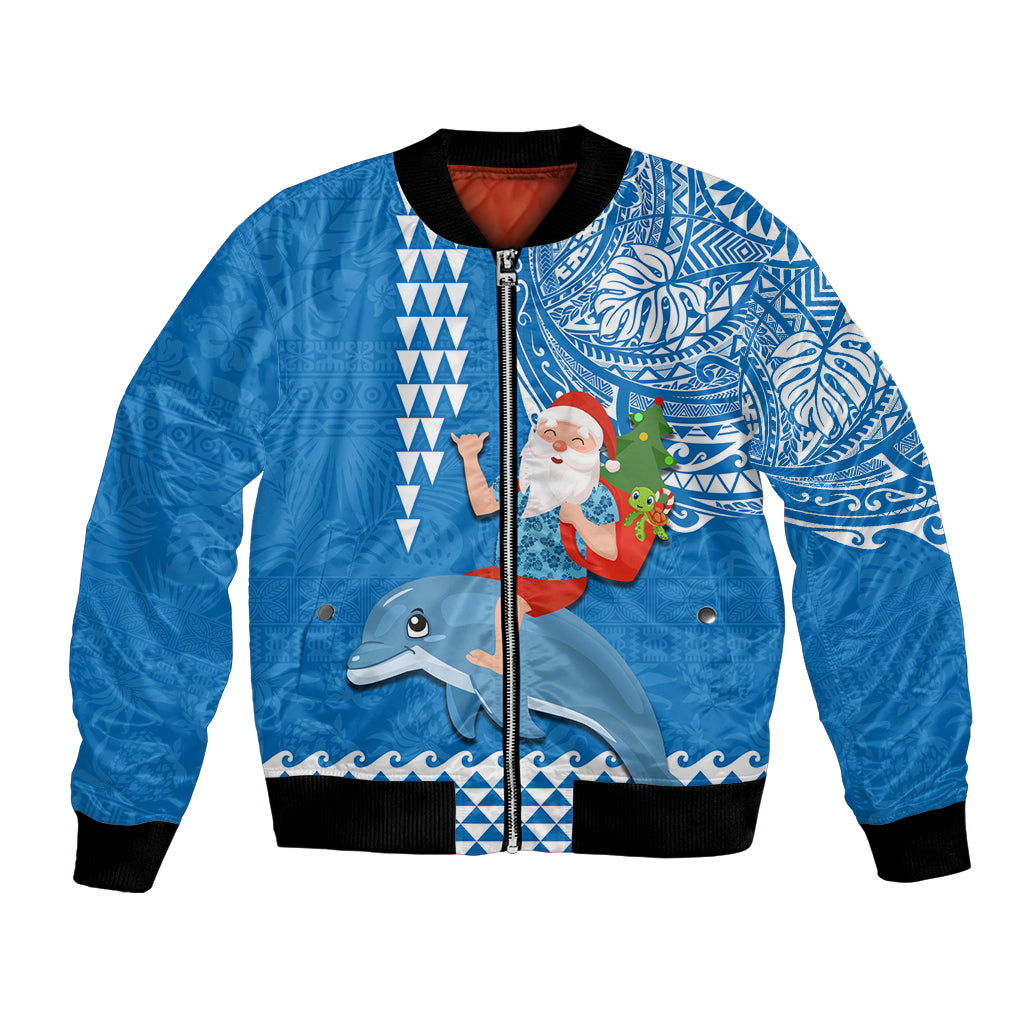 Hawaii Mele Kalikimaka Bomber Jacket Santa Riding The DolPhin Mix Kakau Pattern Blue Style LT03 Unisex Blue - Polynesian Pride