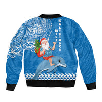 Hawaii Mele Kalikimaka Bomber Jacket Santa Riding The DolPhin Mix Kakau Pattern Blue Style LT03 - Polynesian Pride