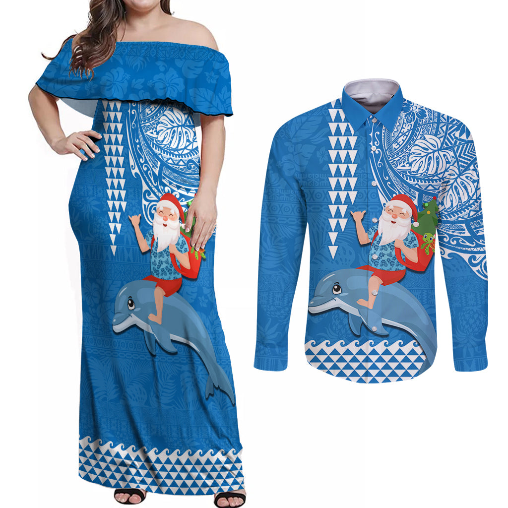 Hawaii Mele Kalikimaka Couples Matching Off Shoulder Maxi Dress and Long Sleeve Button Shirt Santa Riding The DolPhin Mix Kakau Pattern Blue Style LT03 Blue - Polynesian Pride