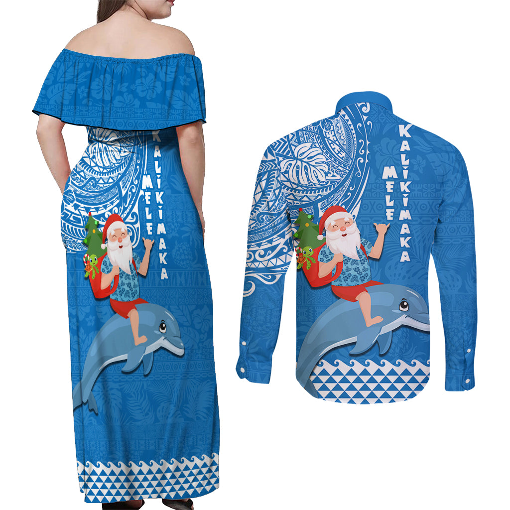 Hawaii Mele Kalikimaka Couples Matching Off Shoulder Maxi Dress and Long Sleeve Button Shirt Santa Riding The DolPhin Mix Kakau Pattern Blue Style LT03 - Polynesian Pride