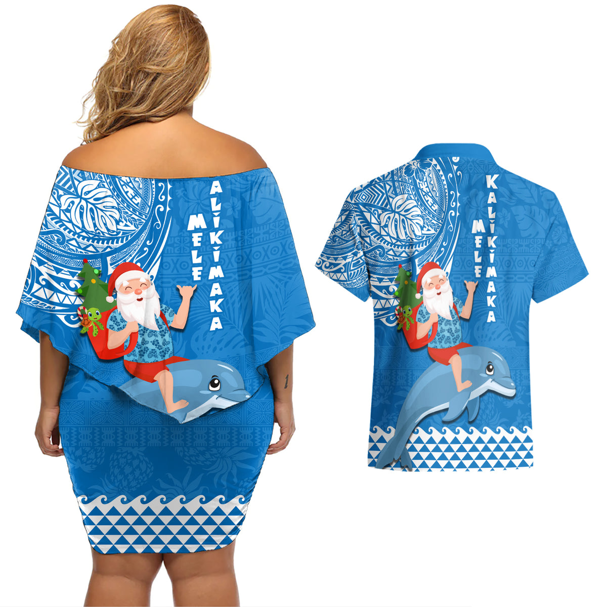 Hawaii Mele Kalikimaka Couples Matching Off Shoulder Short Dress and Hawaiian Shirt Santa Riding The DolPhin Mix Kakau Pattern Blue Style LT03 - Polynesian Pride