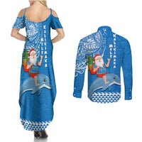 Hawaii Mele Kalikimaka Couples Matching Summer Maxi Dress and Long Sleeve Button Shirt Santa Riding The DolPhin Mix Kakau Pattern Blue Style LT03 - Polynesian Pride