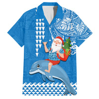 Hawaii Mele Kalikimaka Family Matching Long Sleeve Bodycon Dress and Hawaiian Shirt Santa Riding The DolPhin Mix Kakau Pattern Blue Style LT03 Dad's Shirt - Short Sleeve Blue - Polynesian Pride