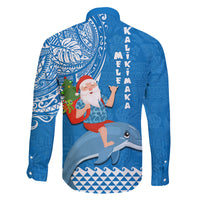 Hawaii Mele Kalikimaka Family Matching Long Sleeve Bodycon Dress and Hawaiian Shirt Santa Riding The DolPhin Mix Kakau Pattern Blue Style LT03 - Polynesian Pride