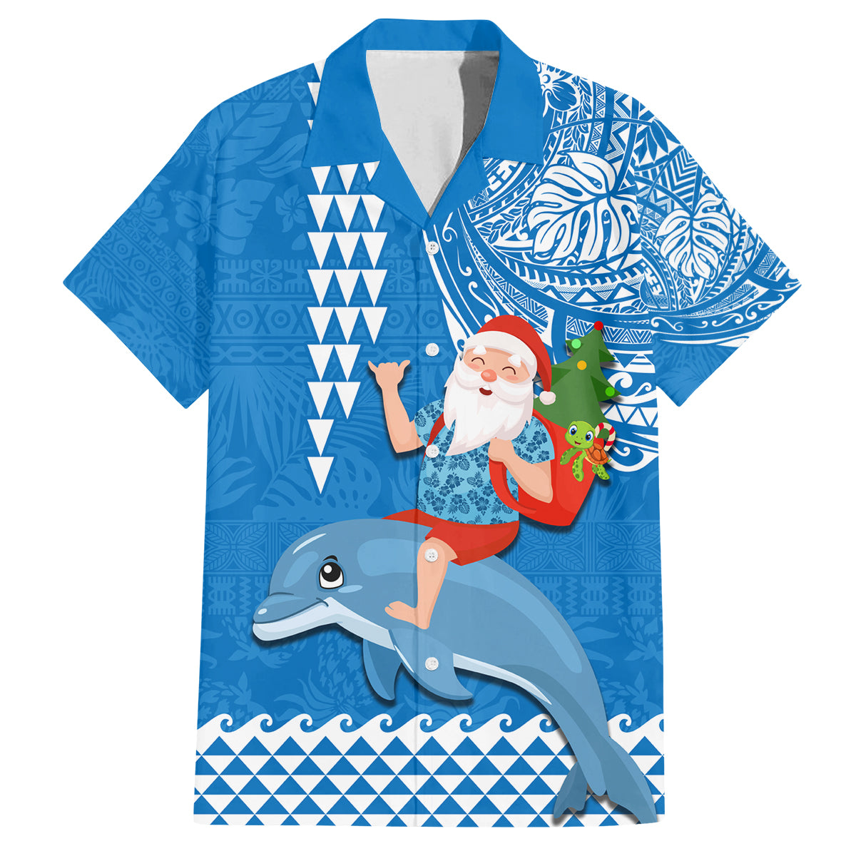 Hawaii Mele Kalikimaka Family Matching Off Shoulder Maxi Dress and Hawaiian Shirt Santa Riding The DolPhin Mix Kakau Pattern Blue Style LT03 Dad's Shirt - Short Sleeve Blue - Polynesian Pride