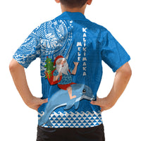 Hawaii Mele Kalikimaka Family Matching Puletasi Dress and Hawaiian Shirt Santa Riding The DolPhin Mix Kakau Pattern Blue Style LT03 - Polynesian Pride