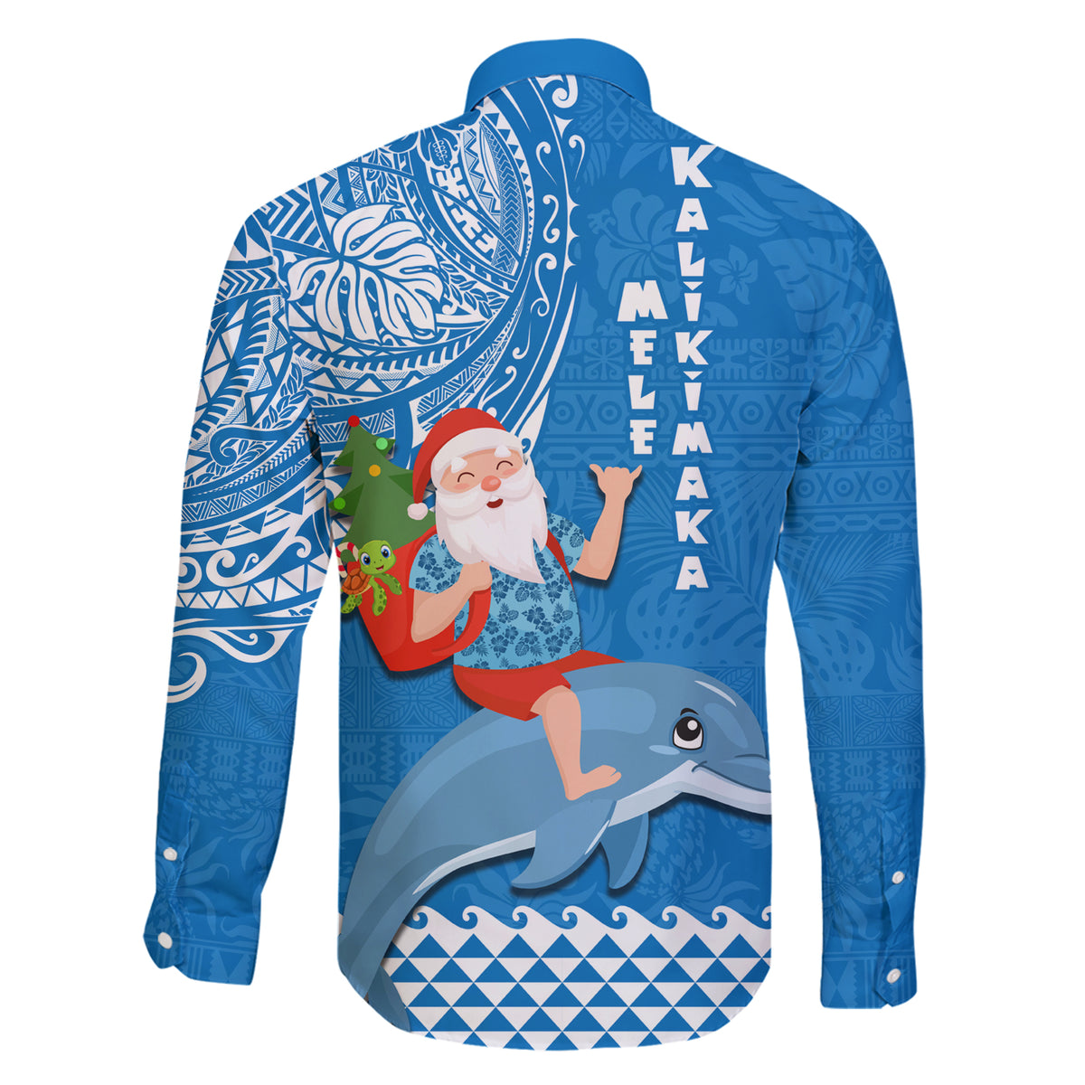 Hawaii Mele Kalikimaka Family Matching Short Sleeve Bodycon Dress and Hawaiian Shirt Santa Riding The DolPhin Mix Kakau Pattern Blue Style LT03 - Polynesian Pride