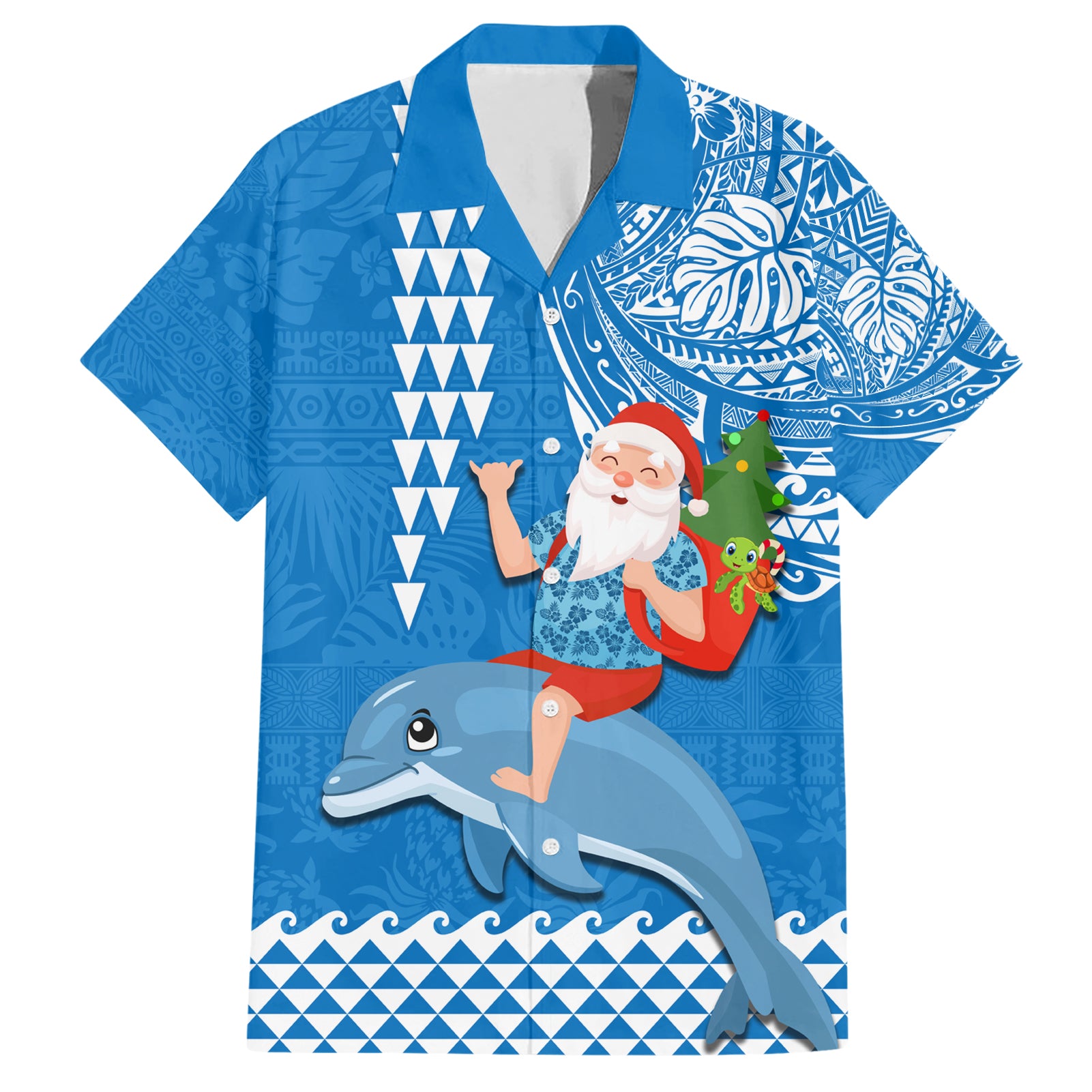 Hawaii Mele Kalikimaka Hawaiian Shirt Santa Riding The DolPhin Mix Kakau Pattern Blue Style LT03 Blue - Polynesian Pride