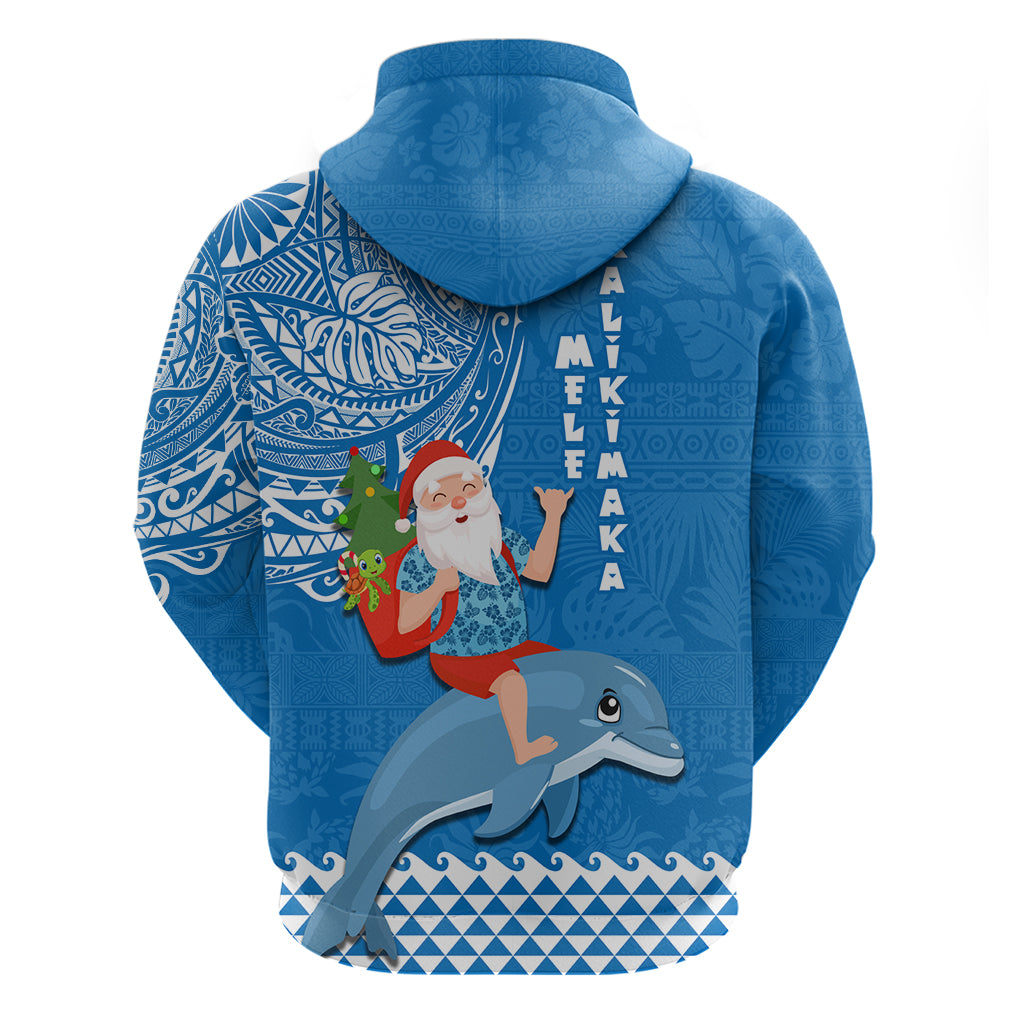 Hawaii Mele Kalikimaka Hoodie Santa Riding The DolPhin Mix Kakau Pattern Blue Style LT03 - Polynesian Pride