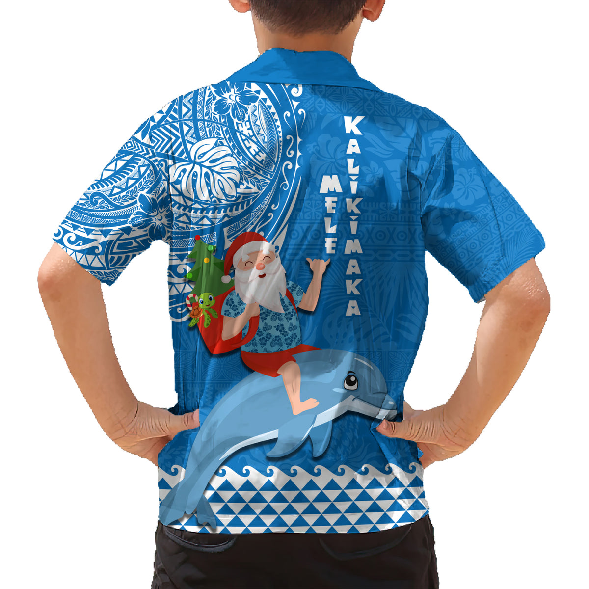 Hawaii Mele Kalikimaka Kid Hawaiian Shirt Santa Riding The DolPhin Mix Kakau Pattern Blue Style LT03 - Polynesian Pride