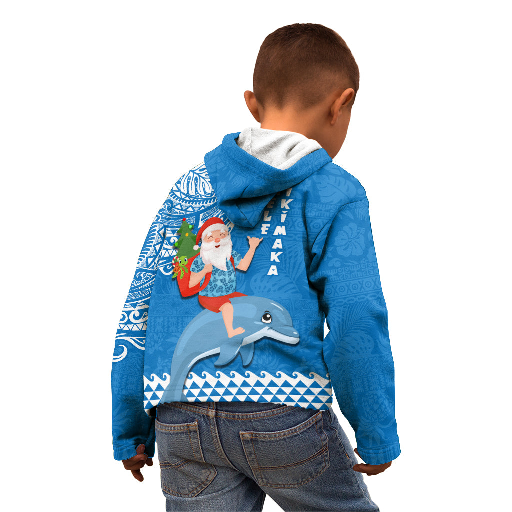 Hawaii Mele Kalikimaka Kid Hoodie Santa Riding The DolPhin Mix Kakau Pattern Blue Style LT03 - Polynesian Pride