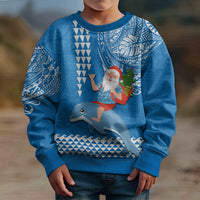 Hawaii Mele Kalikimaka Kid Ugly Christmas Sweater Santa Riding The DolPhin Mix Kakau Pattern Blue Style LT03 - Polynesian Pride
