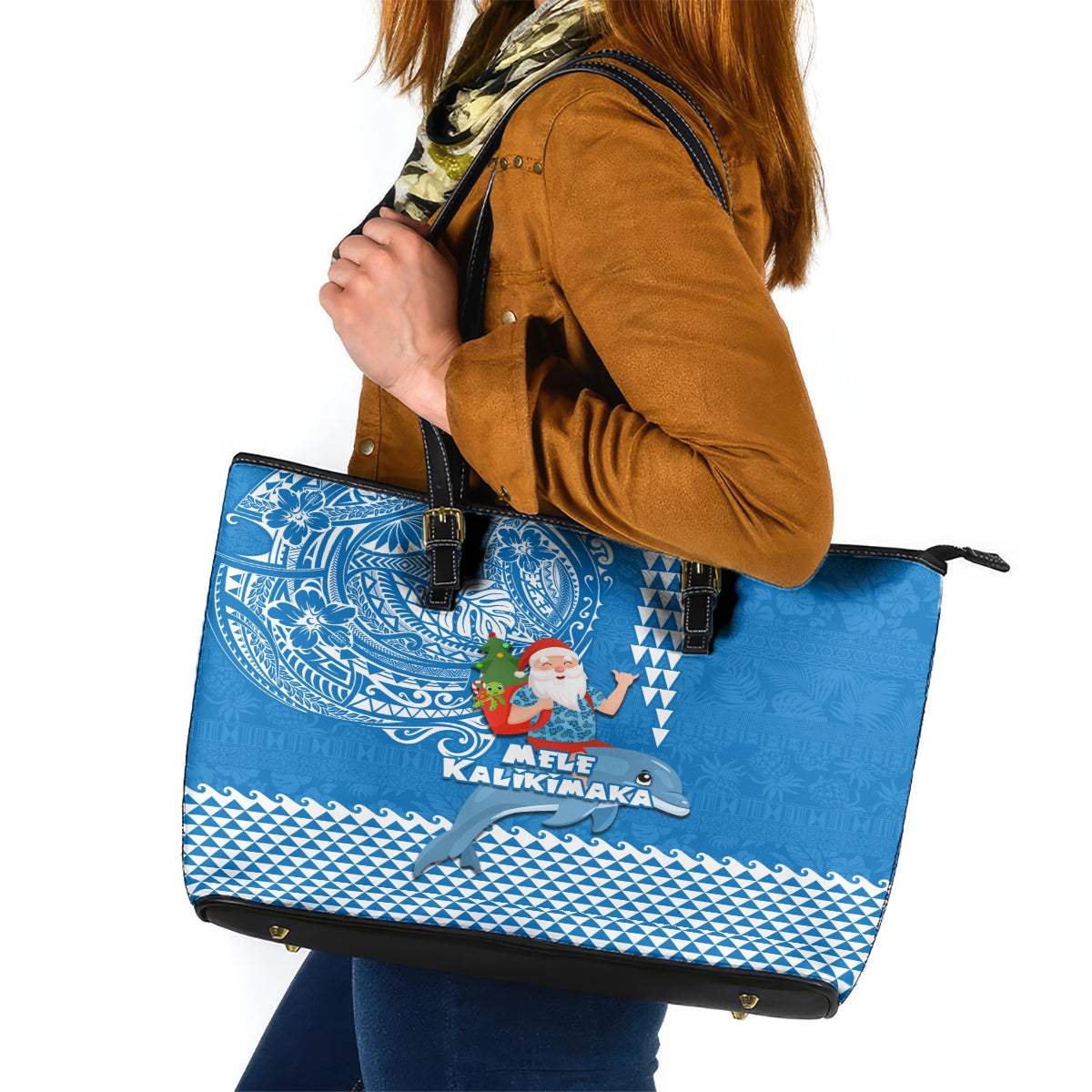 Hawaii Mele Kalikimaka Leather Tote Bag Santa Riding The DolPhin Mix Kakau Pattern Blue Style LT03 Blue - Polynesian Pride