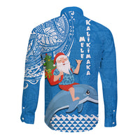 Hawaii Mele Kalikimaka Long Sleeve Button Shirt Santa Riding The DolPhin Mix Kakau Pattern Blue Style LT03 - Polynesian Pride