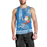 Hawaii Mele Kalikimaka Men Tank Top Santa Riding The DolPhin Mix Kakau Pattern Blue Style LT03 - Polynesian Pride