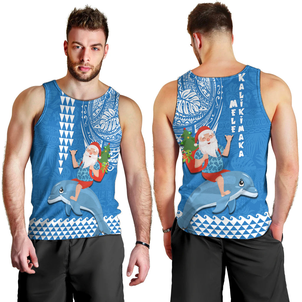 Hawaii Mele Kalikimaka Men Tank Top Santa Riding The DolPhin Mix Kakau Pattern Blue Style LT03 - Polynesian Pride
