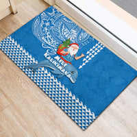 Hawaii Mele Kalikimaka Rubber Doormat Santa Riding The DolPhin Mix Kakau Pattern Blue Style LT03 - Polynesian Pride