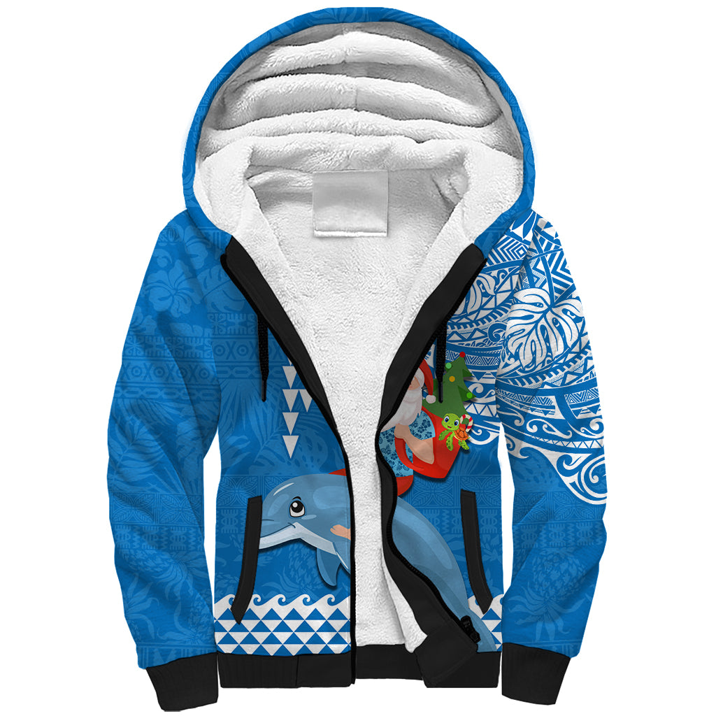 Hawaii Mele Kalikimaka Sherpa Hoodie Santa Riding The DolPhin Mix Kakau Pattern Blue Style LT03 Unisex Blue - Polynesian Pride