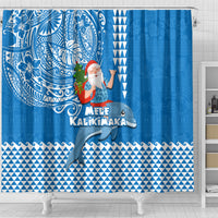 Hawaii Mele Kalikimaka Shower Curtain Santa Riding The DolPhin Mix Kakau Pattern Blue Style LT03 - Polynesian Pride