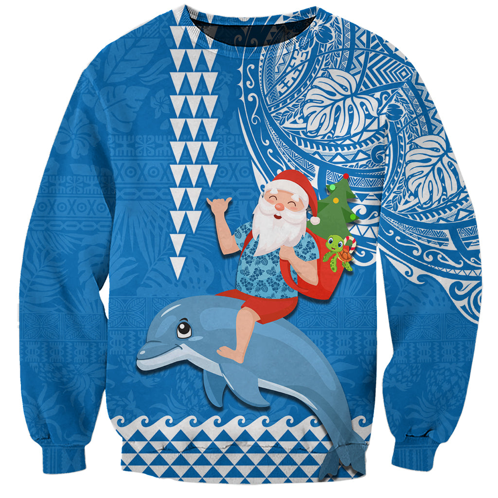 Hawaii Mele Kalikimaka Sweatshirt Santa Riding The DolPhin Mix Kakau Pattern Blue Style LT03 Unisex Blue - Polynesian Pride