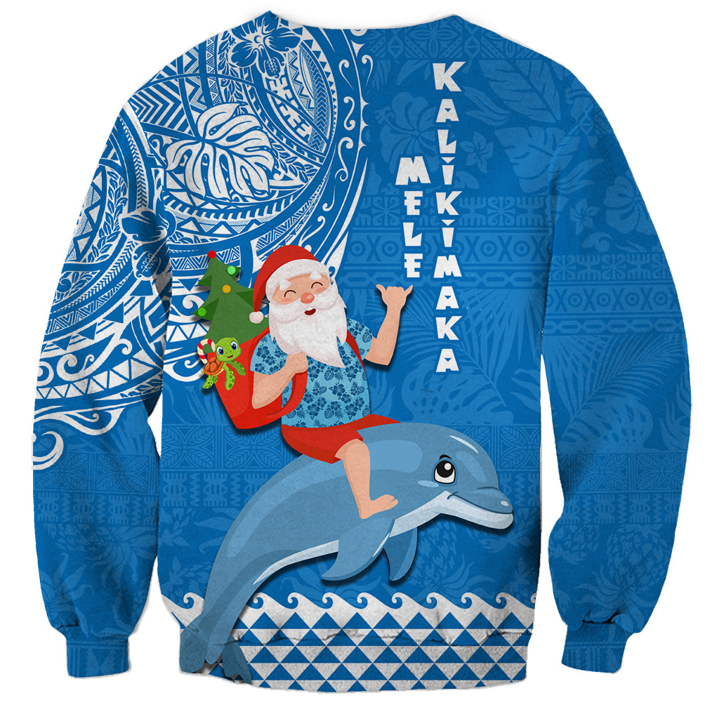 Hawaii Mele Kalikimaka Sweatshirt Santa Riding The DolPhin Mix Kakau Pattern Blue Style LT03 - Polynesian Pride
