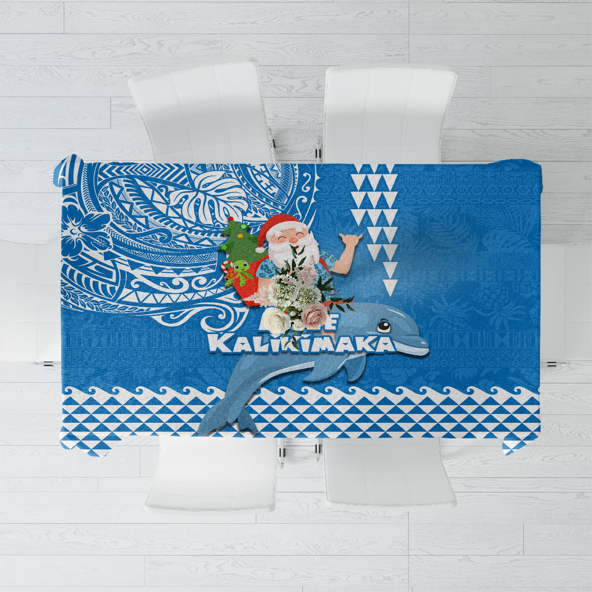 Hawaii Mele Kalikimaka Tablecloth Santa Riding The DolPhin Mix Kakau Pattern Blue Style LT03 Blue - Polynesian Pride