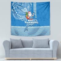 Hawaii Mele Kalikimaka Tapestry Santa Riding The DolPhin Mix Kakau Pattern Blue Style LT03 - Polynesian Pride