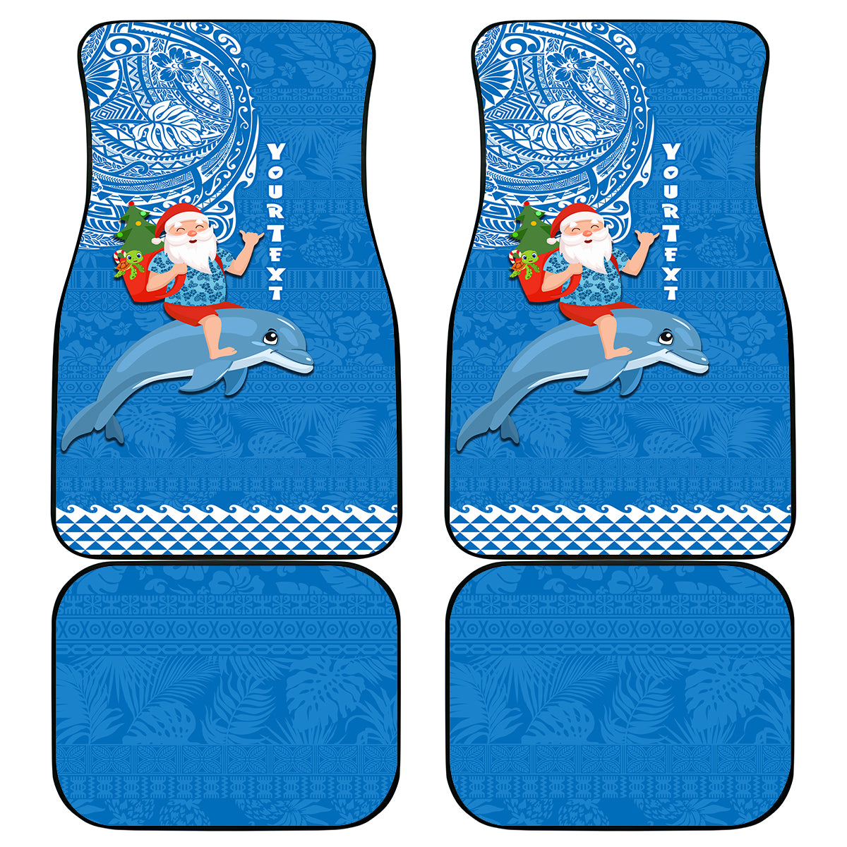 Custom Hawaii Mele Kalikimaka Car Mats Santa Riding The DolPhin Mix Kakau Pattern Blue Style LT03 Blue - Polynesian Pride