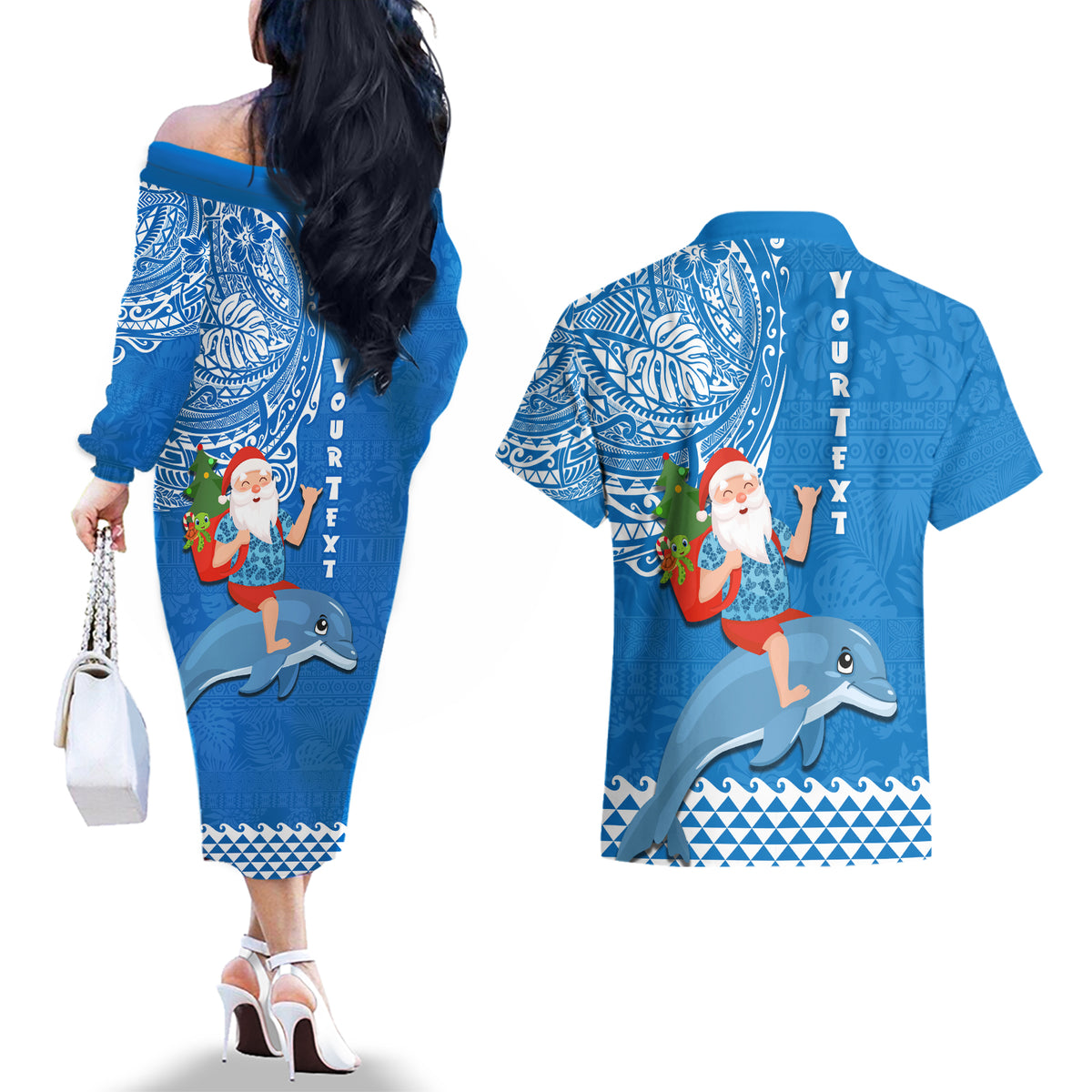 Custom Hawaii Mele Kalikimaka Couples Matching Off The Shoulder Long Sleeve Dress and Hawaiian Shirt Santa Riding The DolPhin Mix Kakau Pattern Blue Style LT03 - Polynesian Pride