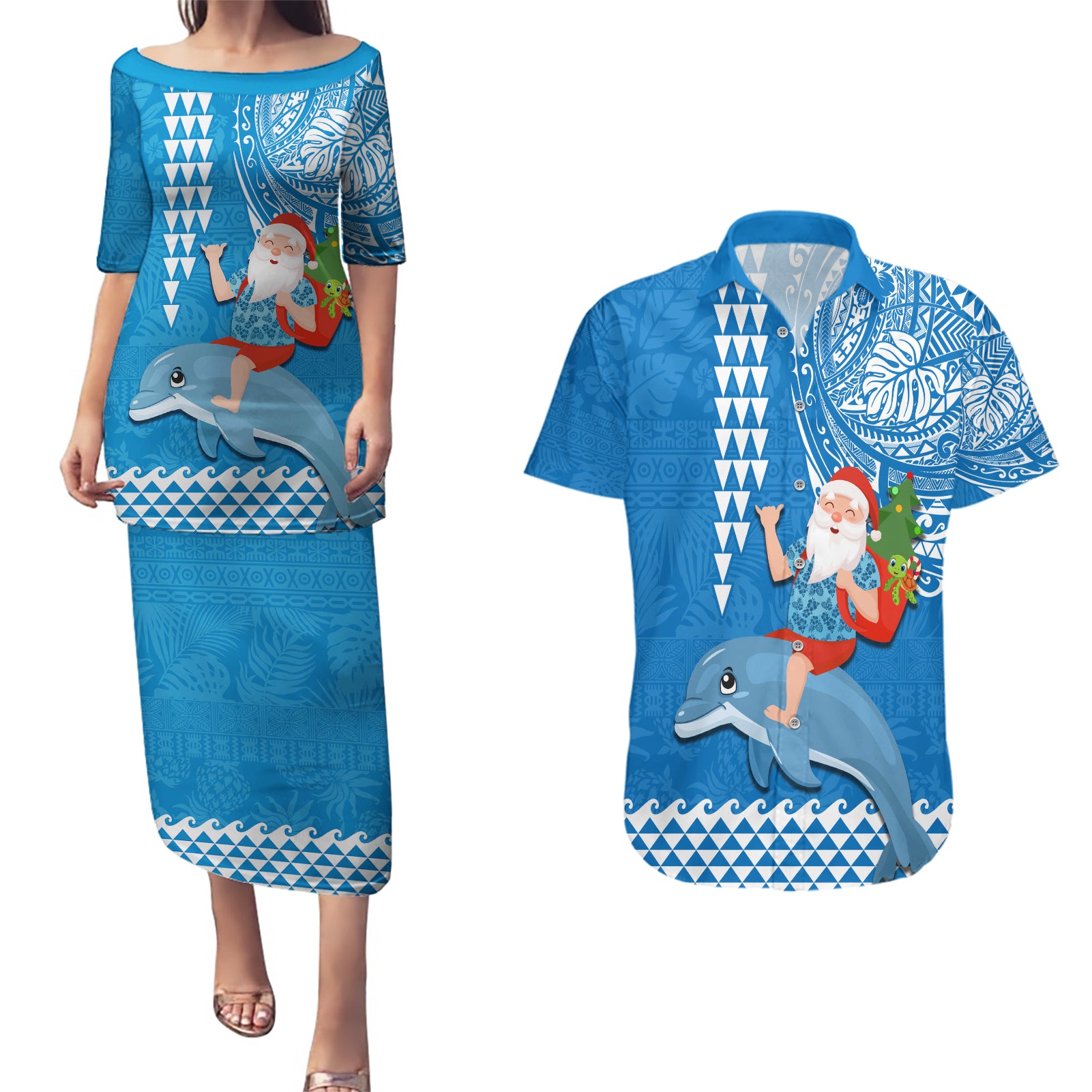 Custom Hawaii Mele Kalikimaka Couples Matching Puletasi Dress and Hawaiian Shirt Santa Riding The DolPhin Mix Kakau Pattern Blue Style LT03 Blue - Polynesian Pride