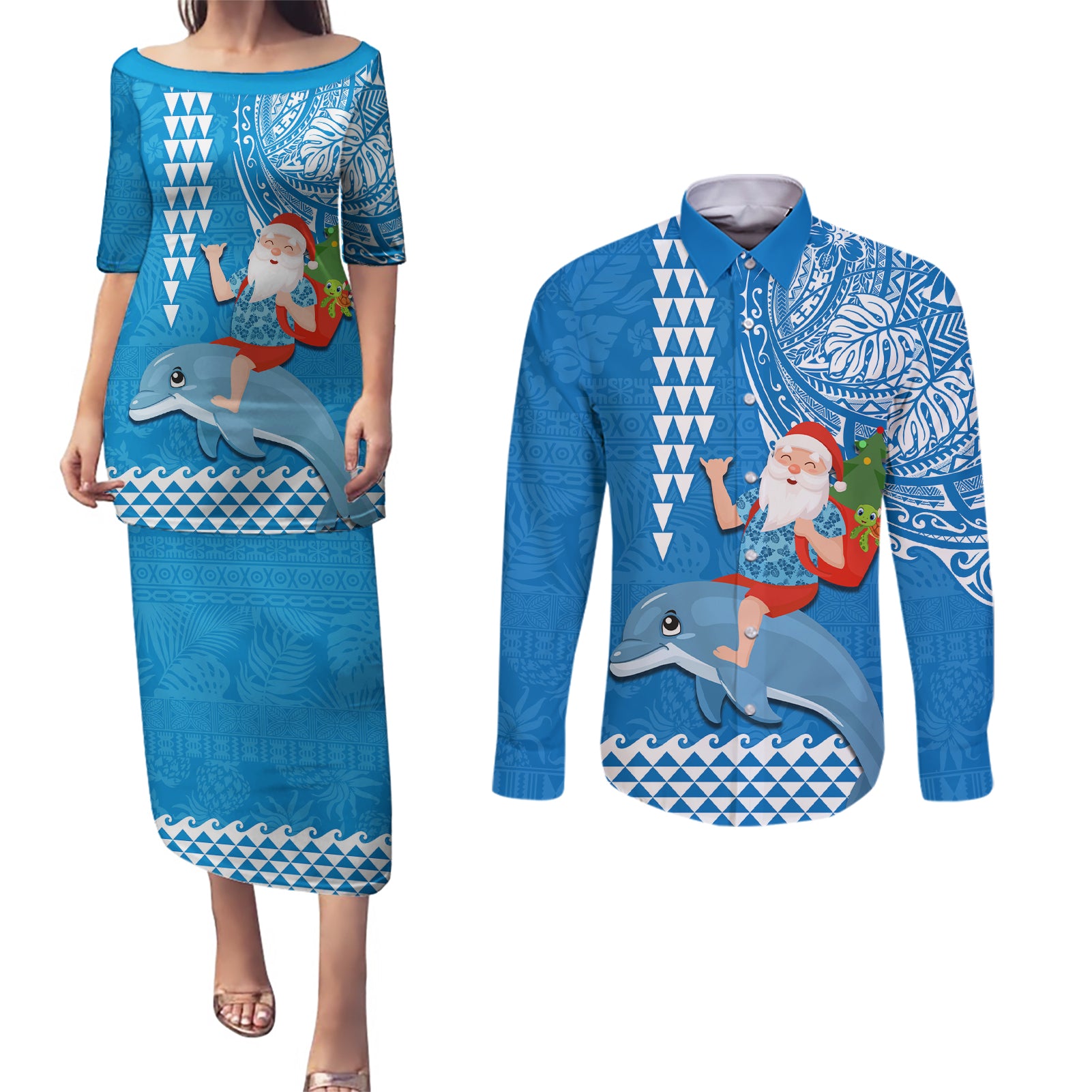 Custom Hawaii Mele Kalikimaka Couples Matching Puletasi Dress and Long Sleeve Button Shirt Santa Riding The DolPhin Mix Kakau Pattern Blue Style LT03 Blue - Polynesian Pride