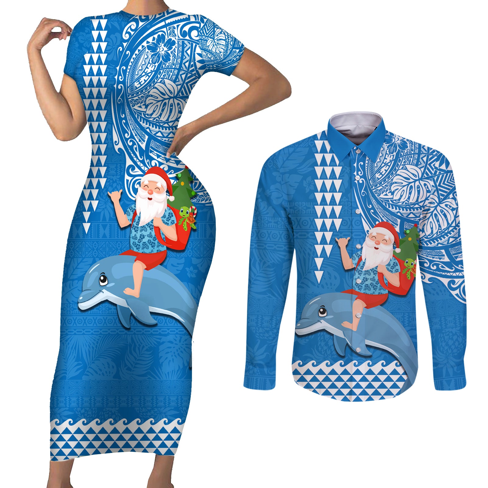 Custom Hawaii Mele Kalikimaka Couples Matching Short Sleeve Bodycon Dress and Long Sleeve Button Shirt Santa Riding The DolPhin Mix Kakau Pattern Blue Style LT03 Blue - Polynesian Pride