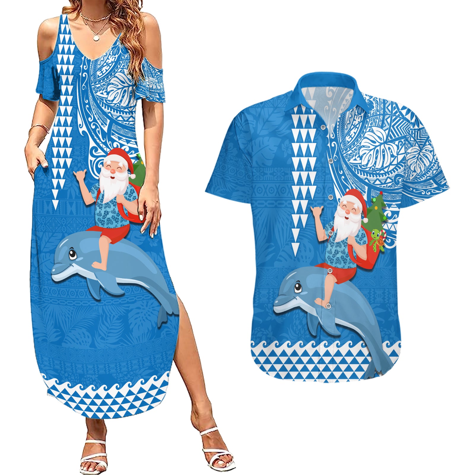 Custom Hawaii Mele Kalikimaka Couples Matching Summer Maxi Dress and Hawaiian Shirt Santa Riding The DolPhin Mix Kakau Pattern Blue Style LT03 Blue - Polynesian Pride