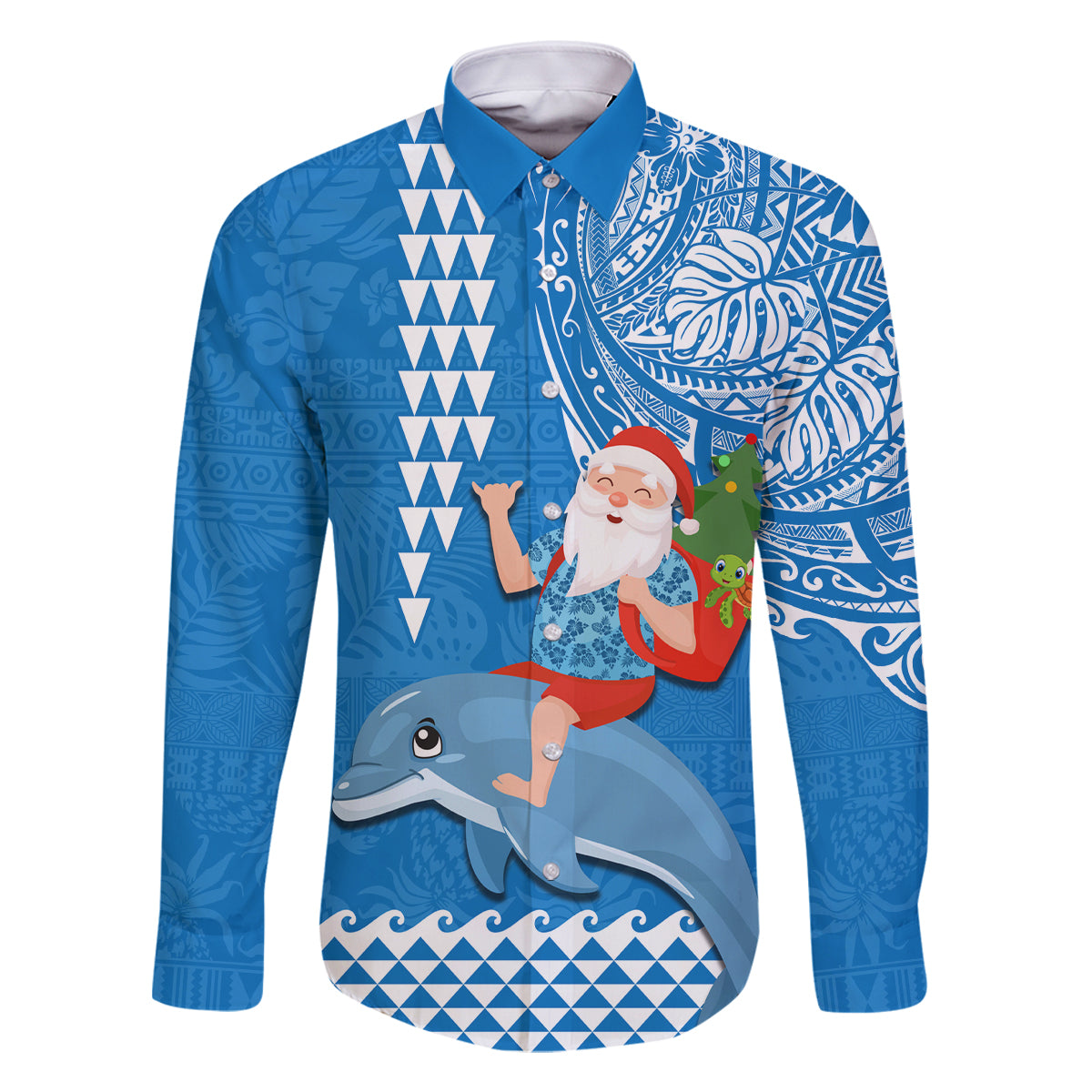 Custom Hawaii Mele Kalikimaka Family Matching Mermaid Dress and Hawaiian Shirt Santa Riding The DolPhin Mix Kakau Pattern Blue Style LT03 Dad's Shirt - Long Sleeve Blue - Polynesian Pride