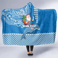 Custom Hawaii Mele Kalikimaka Hooded Blanket Santa Riding The DolPhin Mix Kakau Pattern Blue Style LT03 - Polynesian Pride