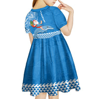 Custom Hawaii Mele Kalikimaka Kid Short Sleeve Dress Santa Riding The DolPhin Mix Kakau Pattern Blue Style LT03 - Polynesian Pride