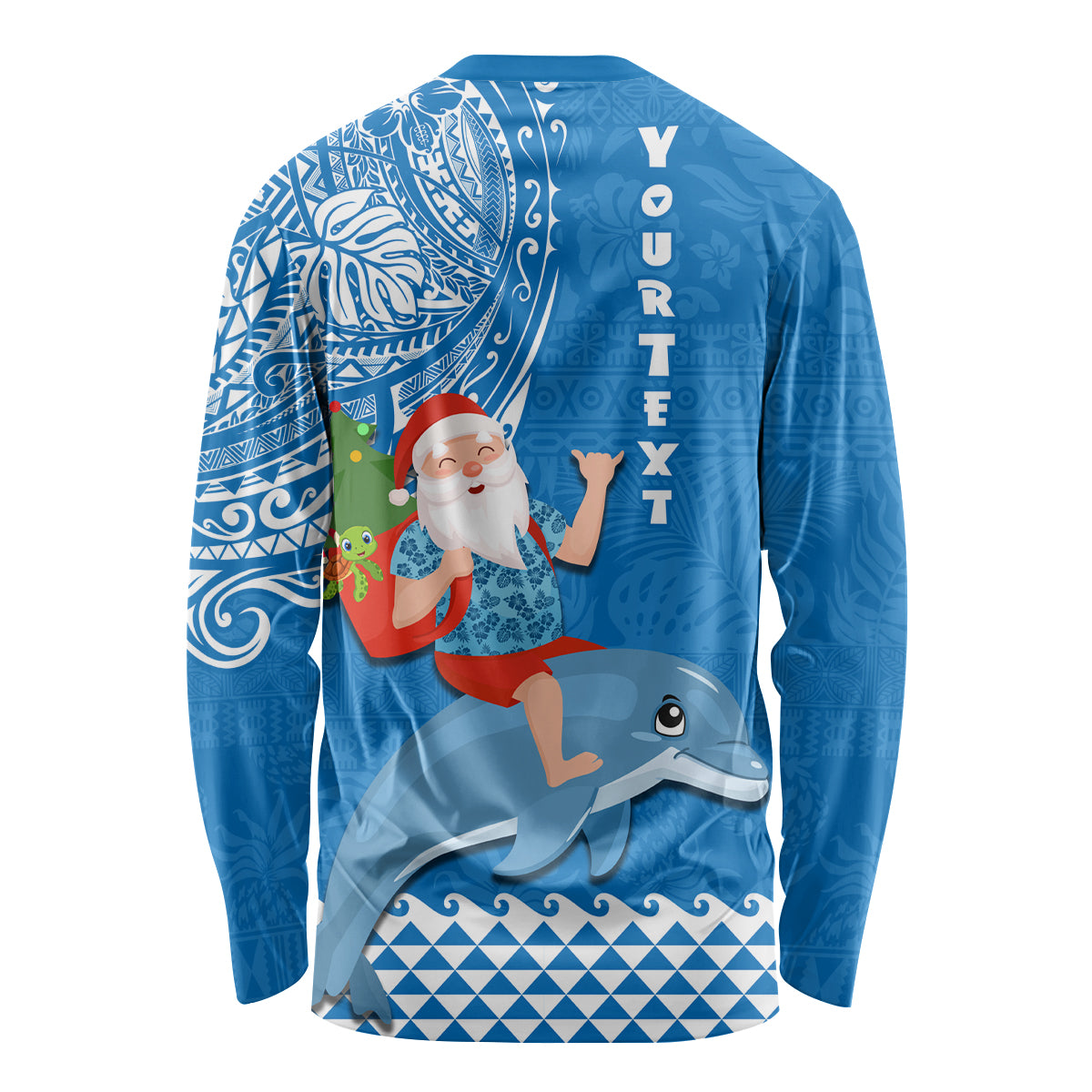 Custom Hawaii Mele Kalikimaka Long Sleeve Shirt Santa Riding The DolPhin Mix Kakau Pattern Blue Style LT03 - Polynesian Pride
