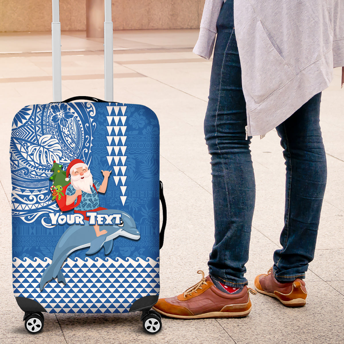 Custom Hawaii Mele Kalikimaka Luggage Cover Santa Riding The DolPhin Mix Kakau Pattern Blue Style LT03 Blue - Polynesian Pride