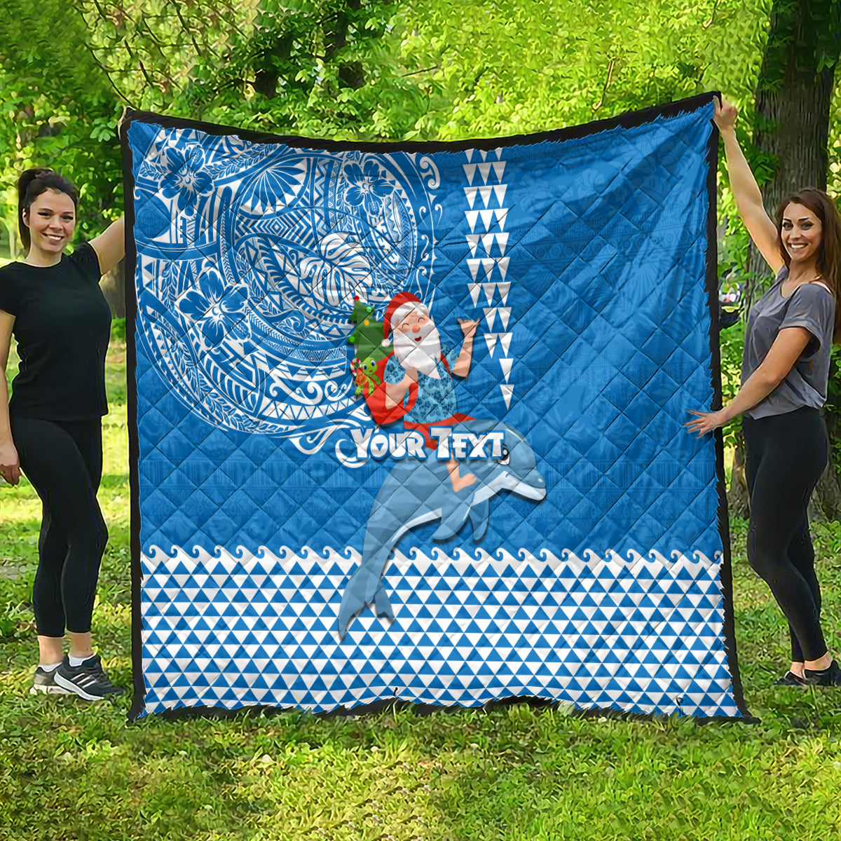Custom Hawaii Mele Kalikimaka Quilt Santa Riding The DolPhin Mix Kakau Pattern Blue Style LT03 - Polynesian Pride