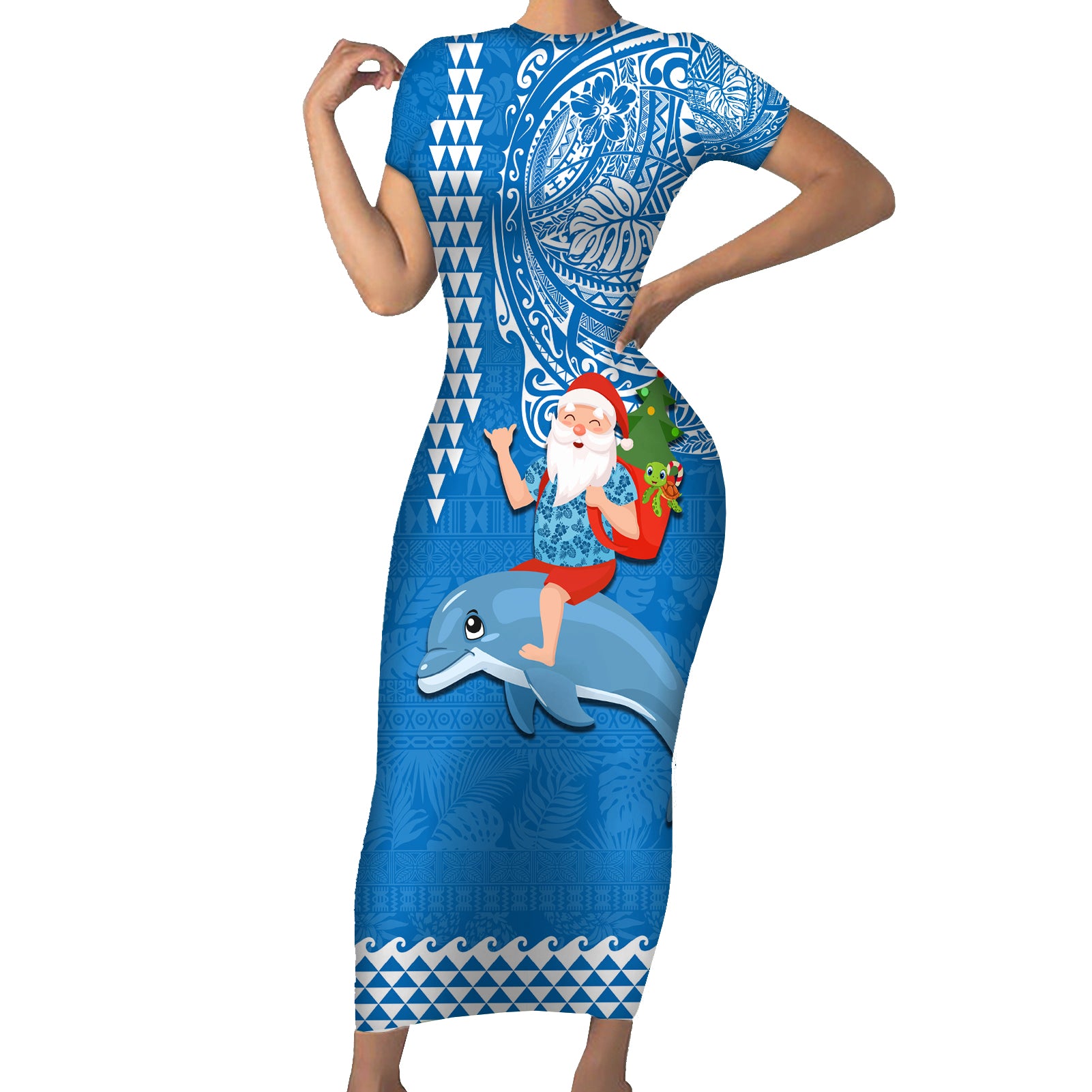 Custom Hawaii Mele Kalikimaka Short Sleeve Bodycon Dress Santa Riding The DolPhin Mix Kakau Pattern Blue Style LT03 Long Dress Blue - Polynesian Pride