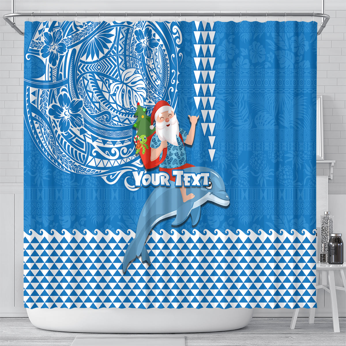 Custom Hawaii Mele Kalikimaka Shower Curtain Santa Riding The DolPhin Mix Kakau Pattern Blue Style LT03 - Polynesian Pride