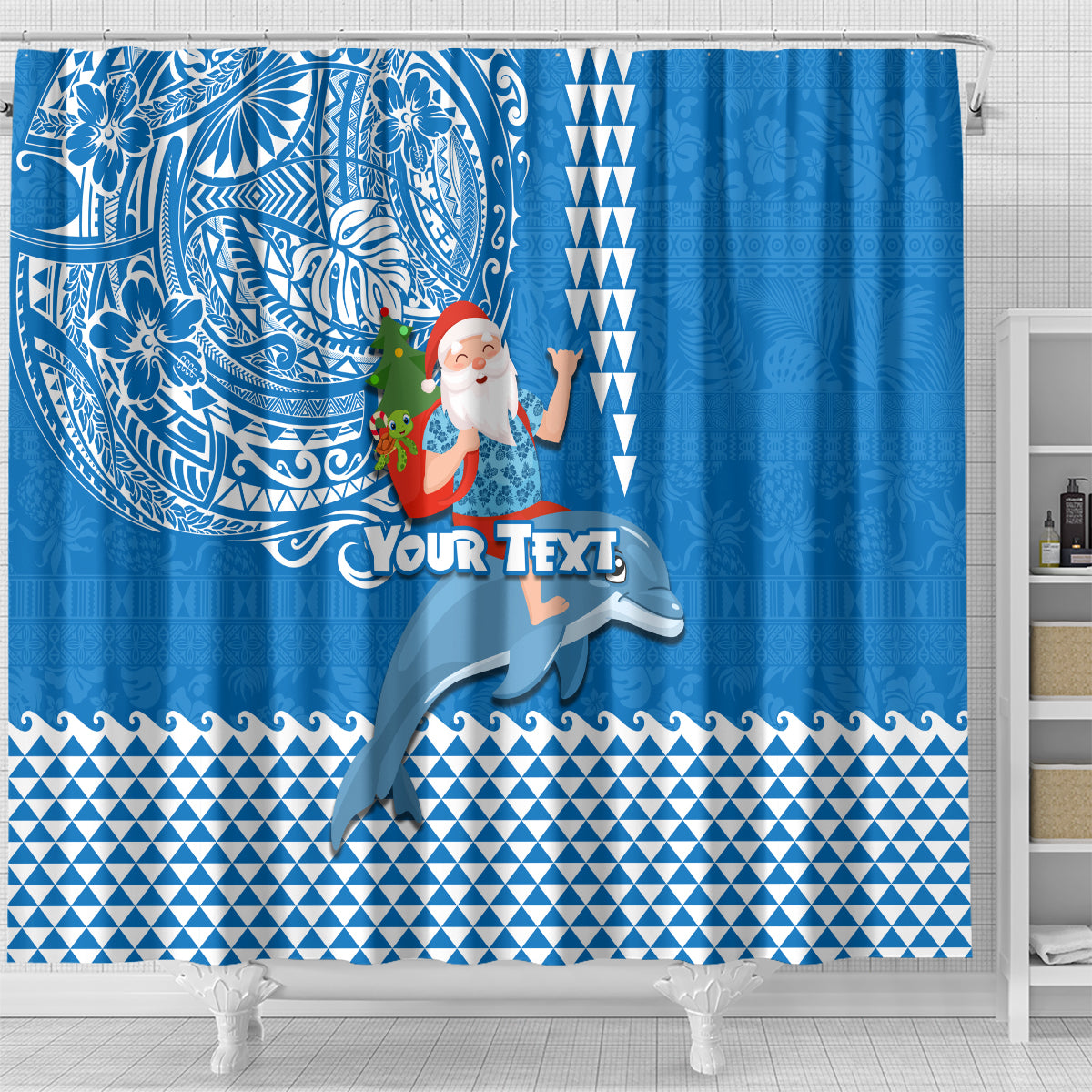 Custom Hawaii Mele Kalikimaka Shower Curtain Santa Riding The DolPhin Mix Kakau Pattern Blue Style LT03 - Polynesian Pride