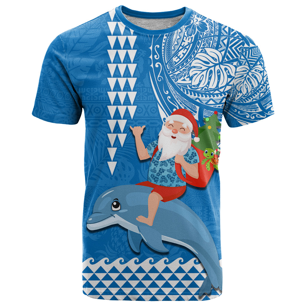 Custom Hawaii Mele Kalikimaka T Shirt Santa Riding The DolPhin Mix Kakau Pattern Blue Style LT03 Blue - Polynesian Pride