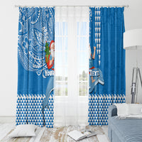 Custom Hawaii Mele Kalikimaka Window Curtain Santa Riding The DolPhin Mix Kakau Pattern Blue Style LT03 - Polynesian Pride