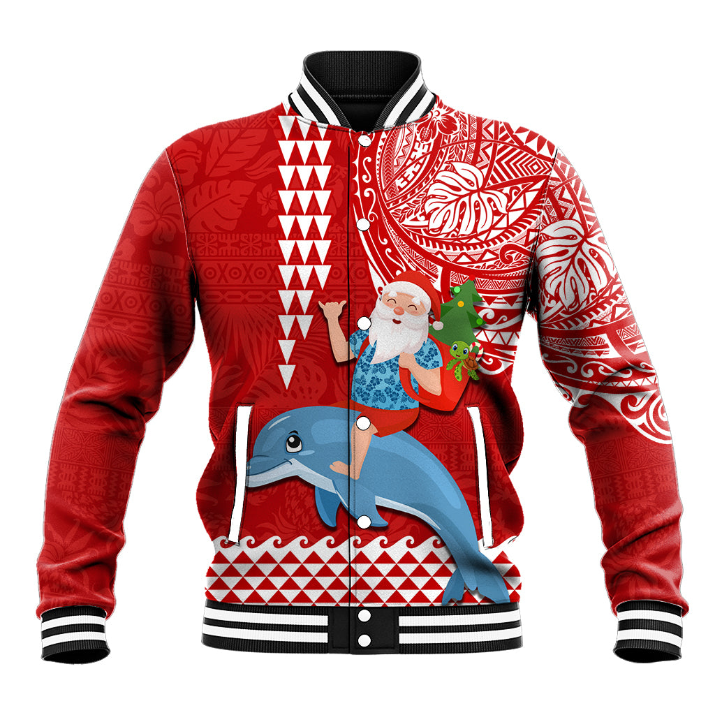 Hawaii Mele Kalikimaka Baseball Jacket Santa Riding The DolPhin Mix Kakau Pattern Red Style LT03 Unisex Red - Polynesian Pride