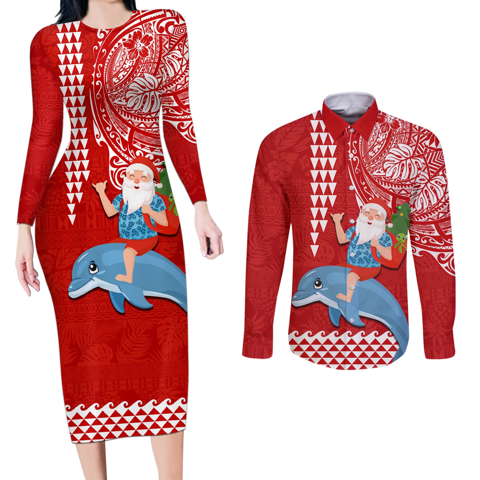 Hawaii Mele Kalikimaka Couples Matching Long Sleeve Bodycon Dress and Long Sleeve Button Shirt Santa Riding The DolPhin Mix Kakau Pattern Red Style LT03 Red - Polynesian Pride
