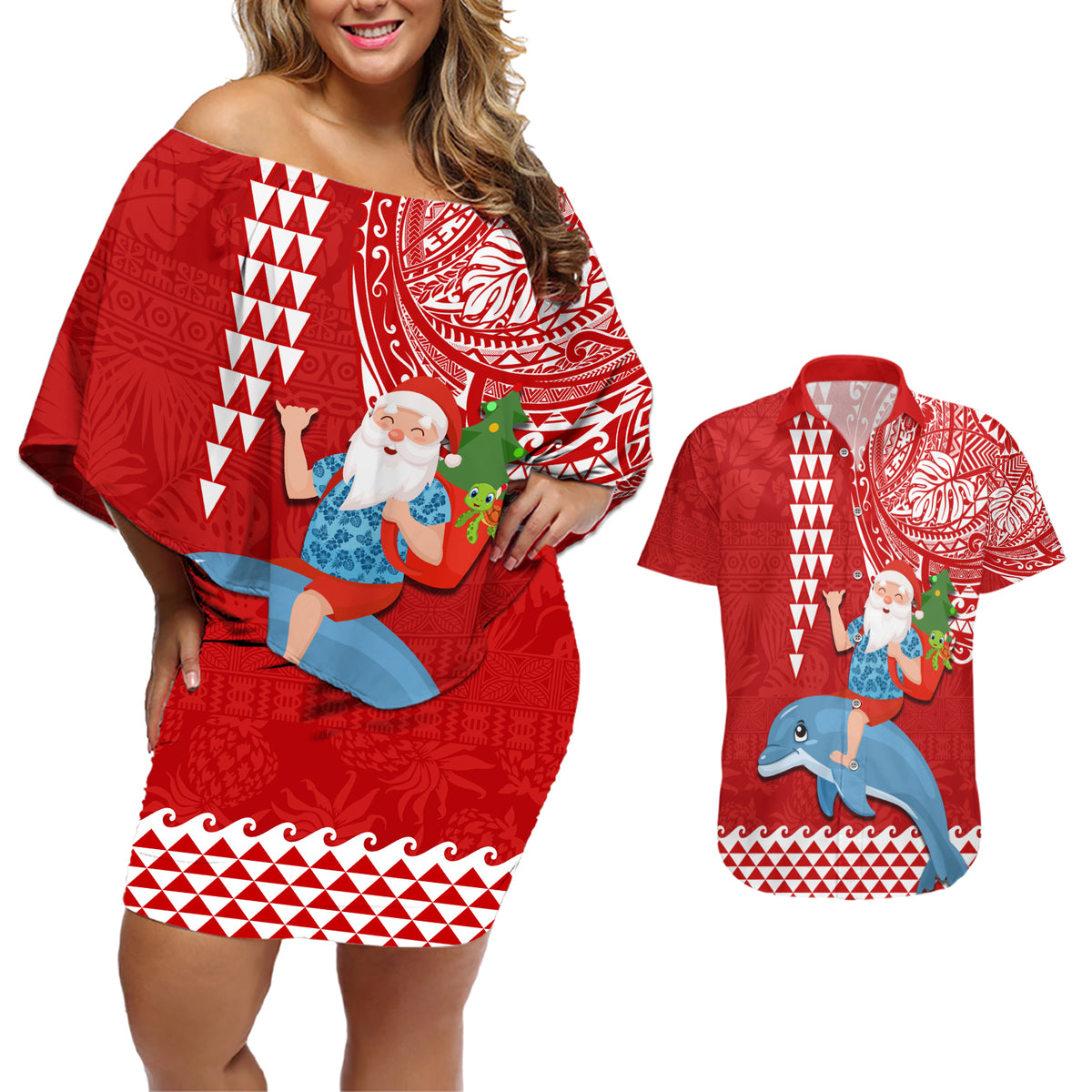 Hawaii Mele Kalikimaka Couples Matching Off Shoulder Short Dress and Hawaiian Shirt Santa Riding The DolPhin Mix Kakau Pattern Red Style LT03 Red - Polynesian Pride