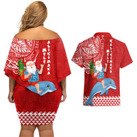 Hawaii Mele Kalikimaka Couples Matching Off Shoulder Short Dress and Hawaiian Shirt Santa Riding The DolPhin Mix Kakau Pattern Red Style LT03 - Polynesian Pride