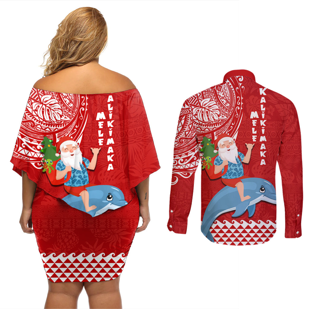 Hawaii Mele Kalikimaka Couples Matching Off Shoulder Short Dress and Long Sleeve Button Shirt Santa Riding The DolPhin Mix Kakau Pattern Red Style LT03 - Polynesian Pride